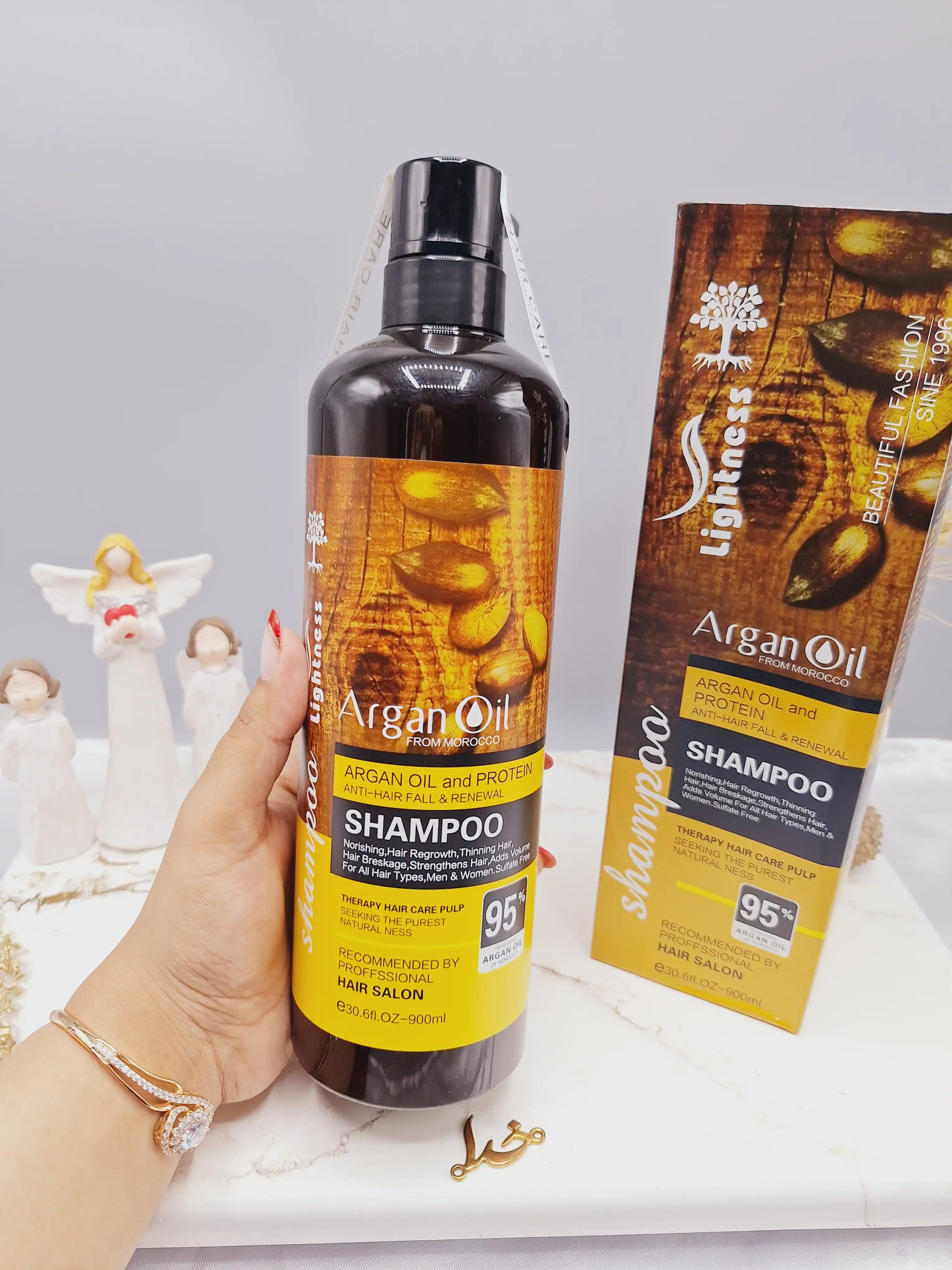 شامپو روغن آرگان کراتینه مراکشی هک شده ساخت اسلواکی جعبه دار لایتنس 900 میل 95% ARGAN OIL اصل اسکنر دار