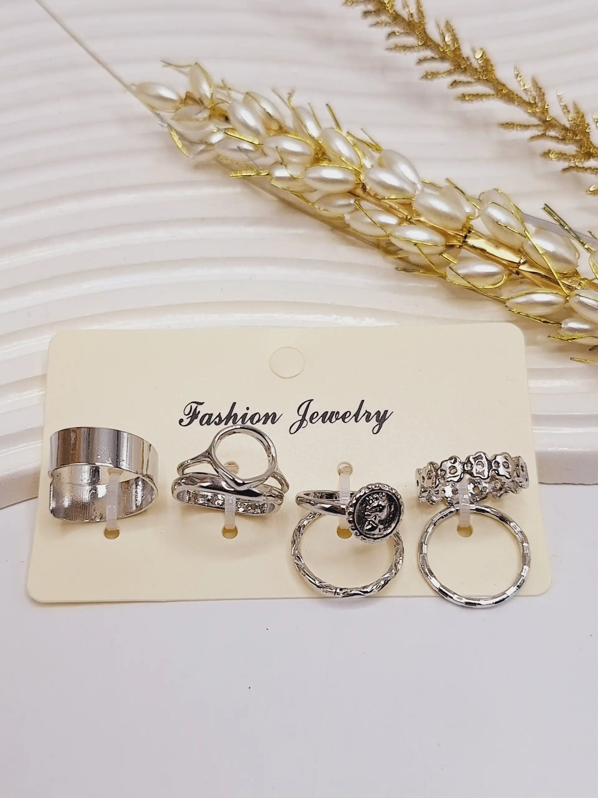 پک انگشتر Fashion Jewelry رنگ نقره ای آبکاری رادیوم (طرح سوم)